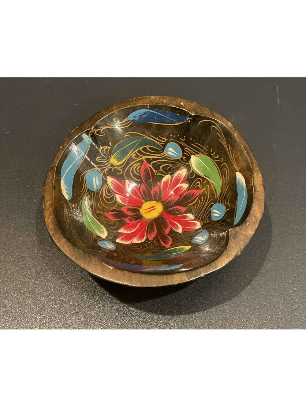 VTG Mexican Batea Folk Art Wooden Bowl Colorful Hand Painted Floral Patterns